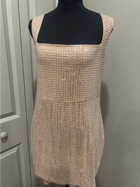 Oh Polly Blush Crystal-Studded Square-Neck Mini Dress